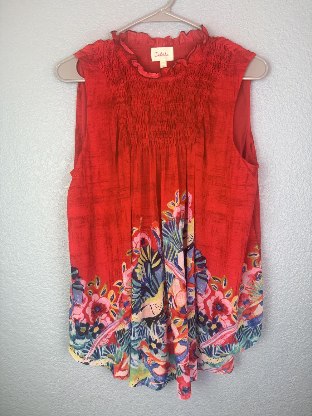 Deletta Blouse Womens Small Red Floral Bird Print Ruffle High Neck Tunic Top